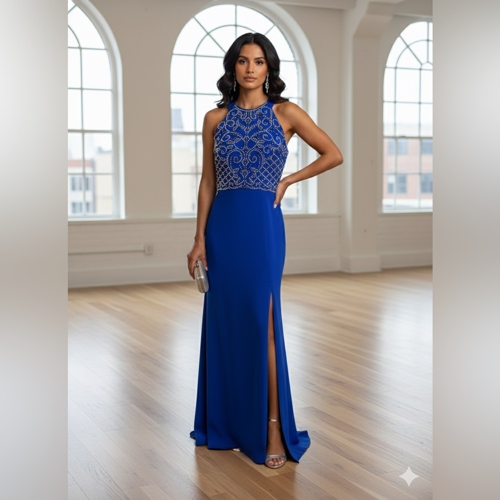 Morgan & Co Royal Blue Beaded Floor Length Gown w/ Side Slit – Sz 5/6